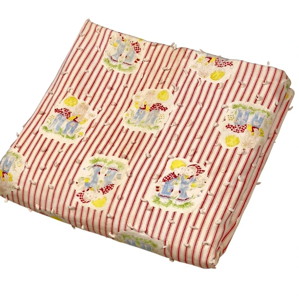 Vintage 1980s Storybook Baby Blanket Red Ticking Stripe Plush Cottage Nursery